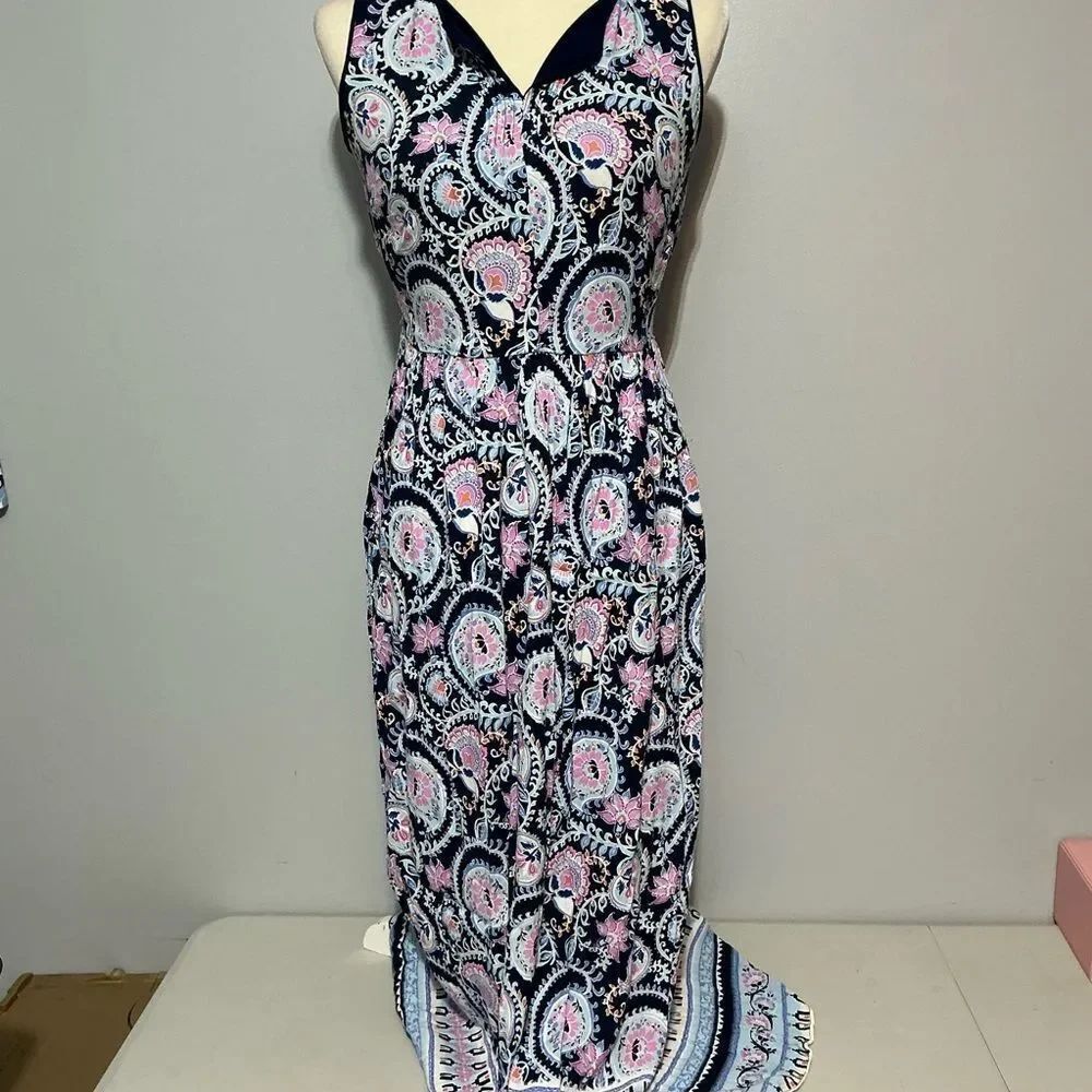 Talbots Blue Pink Periwinkle Paisley Border Hem Maxi Dress Split Neck size 2